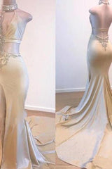 Crystal Halter Split Prom Dresses A-Line Backless Sleeveless Evening Dresses-Dbrbridal