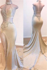 Crystal Halter Split Prom Dresses A-Line Backless Sleeveless Evening Dresses-Dbrbridal