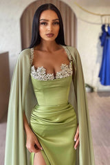 Crystal Sage Mermaid Evening Prom Dresses with Split Wraps-Dbrbridal