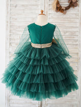 Cute Green V-Neck Long Sleeves Sash Kids Social Party Dresses-Dbrbridal