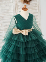 Cute Green V-Neck Long Sleeves Sash Kids Social Party Dresses-Dbrbridal