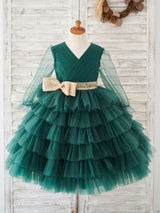 Cute Green V-Neck Long Sleeves Sash Kids Social Party Dresses-Dbrbridal