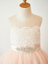 Cute Jewel Neck Tulle Sleeveless Short Princess Sash Kids Party Dresses-Dbrbridal