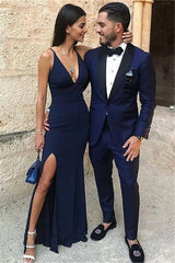 Dark Blue One Button Two-Piece Men's Prom Suits with Black Lapel-Dbrbridal