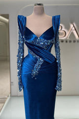 Dark Blue V-Neck Mermaid Evening Prom Dress With Sequins-Dbrbridal