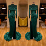 Dark Green Beadings Pearl Ball Dresses Mermaid Prom Dress Split Long Sleeves-Dbrbridal