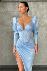 Dark green High-split Mermaid Prom Dress Bubble sleeves-Dbrbridal