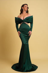 Dark Green Off-Shoulder Long Sleeve Mermaid Evening Prom Dresses with Beads-Dbrbridal