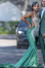 Dark Green Sleeveless Mermaid Prom Dress with Scoop Neck and Crystal Embellishments-Dbrbridal