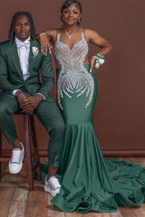 Dark Green Sleeveless Mermaid Prom Dress with Scoop Neck and Crystal Embellishments-Dbrbridal