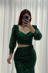 Dark Green Sweetheart Long Sleeves Mermaid Prom Dress Featuring Sequins and Pearls-Dbrbridal