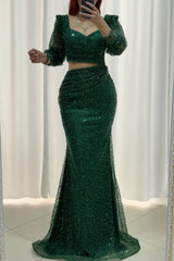 Dark Green Sweetheart Long Sleeves Mermaid Prom Dress Featuring Sequins and Pearls-Dbrbridal