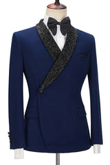 Dark Navy Bespoke Slim Fit Men Suits with Black Lapel-Dbrbridal