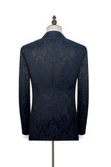 Dark Navy Jacquard Prom Suits Black Silk Peak Lapel Mens Suits for Weddings-Dbrbridal