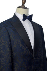 Dark Navy Jacquard Prom Suits Black Silk Peak Lapel Mens Suits for Weddings-Dbrbridal
