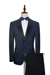 Dark Navy Jacquard Prom Suits Black Silk Peak Lapel Mens Suits for Weddings-Dbrbridal