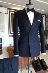 Dark Navy Peaked Lapel Double Breasted Slim Fit Men Suits-Dbrbridal