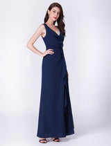 Dark Navy Prom Dress Chiffon Long Cascading Ruffles V-Neck Bridesmaid Dresses-Dbrbridal