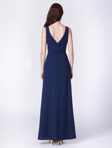 Dark Navy Prom Dress Chiffon Long Cascading Ruffles V-Neck Bridesmaid Dresses-Dbrbridal
