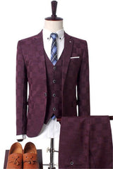 Dark Red Plaid Men's Business Suitss Men's Prom Suits with 3 Pieces-Dbrbridal