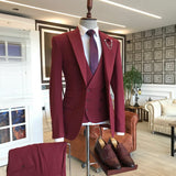 Dark Red Three Pieces Peaked Lapel Men Suits-Dbrbridal