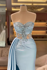 Dbrbridal Column Slit Front Long Sweetheart Strapless Sleeveless Sky Blue Ruffle Stain Prom Gown with Beadings-Dbrbridal