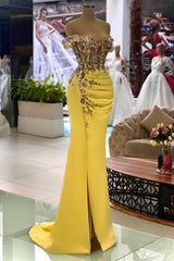 Dbrbridal Column Yellow Sleeveless Off-The-Shoulder Stain Long Sweetheart Prom Gown with Beadings-Dbrbridal