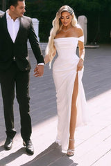 Dbrbridal Elegant Slit Front Off-The-Shoulder Stain Short Sleeves Long Prom Gown with Ruffles-Dbrbridal