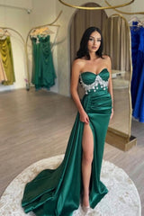 Dbrbridal Slit Front Dark Green Stain Sweetheart Sleeveless Prom Gown with Beadings-Dbrbridal