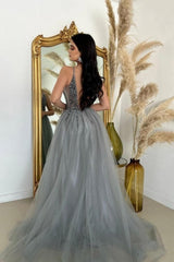 Dbrbridal Slit Front V-Neck Spaghetti Straps Long Tulle Sleeveless Prom Dress with Beadings-Dbrbridal