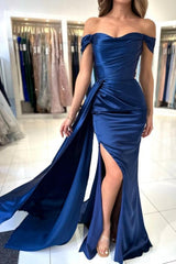 Dbrbridal Stain Royal Blue Sweetheart Slit Front Off-the-Shoulder Strapless Prom Gown with Ruffles-Dbrbridal