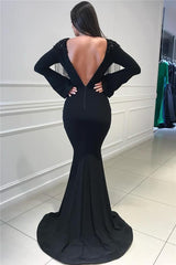 Deep Chic V-Neck Open Back Black Prom Dresses Fit and Flare Chic Long Sleevess Beads Tassels Evening Gown-Dbrbridal