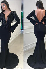 Deep Chic V-Neck Open Back Black Prom Dresses Fit and Flare Chic Long Sleevess Beads Tassels Evening Gown-Dbrbridal