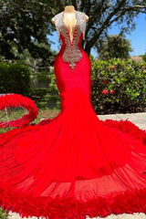 Deep V-neck Mermaid Ruby Feather Silver Beaded Prom Dresses-Dbrbridal