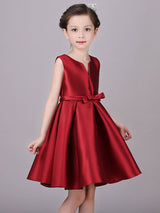 Designed Neckline Satin Fabric Sleeveless Short Princess Bows Kids Social Party Dresses-Dbrbridal