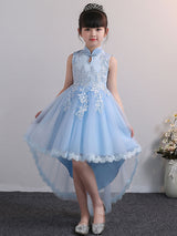 Designed Neckline Tulle Sleeveless Short High Low Princess Embroidered Kids Party Dresses-Dbrbridal