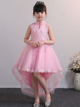 Designed Neckline Tulle Sleeveless Short High Low Princess Embroidered Kids Party Dresses-Dbrbridal