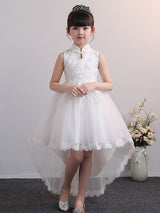 Designed Neckline Tulle Sleeveless Short High Low Princess Embroidered Kids Party Dresses-Dbrbridal