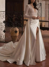 Detachable Train V-Neck Long Sleeves Sweep Train Wedding Dresses-Dbrbridal