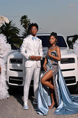 Dusty Blue One shoulder High Split Beaded Long Prom Dresses-Dbrbridal