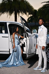 Dusty Blue One shoulder High Split Beaded Long Prom Dresses-Dbrbridal