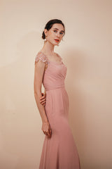 Dusty Pink Cap sleeves Chiffon Column Evening Party Gowns-Dbrbridal