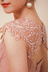 Dusty Pink Cap sleeves Chiffon Column Evening Party Gowns-Dbrbridal