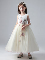 Ecru White Jewel Neck Sleeveless Ankle-Length Princess Dress Tulle Flowers Beaded Embroidered Formal Kids Pageant flower girl dresses-Dbrbridal