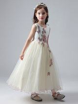 Ecru White Jewel Neck Sleeveless Ankle-Length Princess Dress Tulle Flowers Beaded Embroidered Formal Kids Pageant flower girl dresses-Dbrbridal