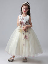 Ecru White Jewel Neck Sleeveless Ankle-Length Princess Dress Tulle Flowers Beaded Embroidered Formal Kids Pageant flower girl dresses-Dbrbridal