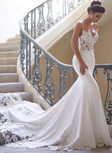 Elastic Satin Lace Mermaid Fitted Stunning Wedding Dresses-Dbrbridal
