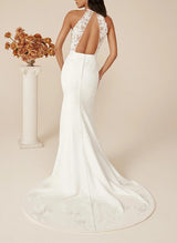Elastic Satin Mermaid Fitted Halter Sleeveless Sweep Train Wedding Dresses Appliques Lace-Dbrbridal