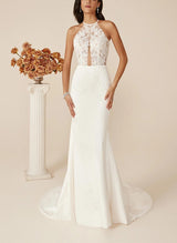 Elastic Satin Mermaid Fitted Halter Sleeveless Sweep Train Wedding Dresses Appliques Lace-Dbrbridal