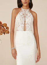 Elastic Satin Mermaid Fitted Halter Sleeveless Sweep Train Wedding Dresses Appliques Lace-Dbrbridal